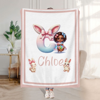 Custom Name Cartoon Black Little Girl Bunny Ears Bow Alphabet Blanket, Flannel/Sherpa Bed Couch Throw, Nursery Decor, Birthday/Easter Gift for Girls