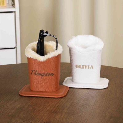Personalized Leather Glasses Holder with Plush Lining, Custom Name Eyeglasses/Sunglasses/Phone Stand, Cute Desk Organizer, Birthday Gift for Her/Him