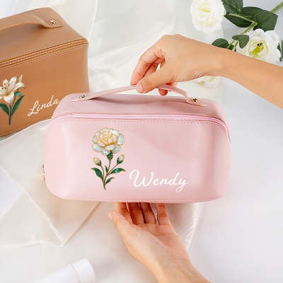 Custom Name Mother of Pearl Effect Birth Flower Leather Travel Makeup Bag, Wide Open Flat Cosmetic Bag with Divider & Handle, Gift for Her/Mom/Women
