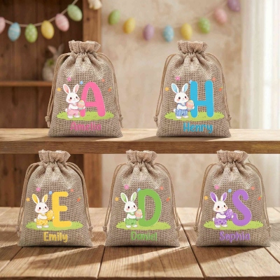 Personalized Name Cartoon Bunny & Colorful Egg Alphabet Easter Treat Bag, Burlap Easter Egg Hunt Bag with Drawstring, Easter Gift for Kids/Boys/Girls