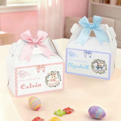 Custom Name Special Easter Delivery Bunny Bow Gift Boxes with Handles(Set of 2), Easter Treat Boxes, Easter Party Favors, Easter Gifts for Babies/Kids