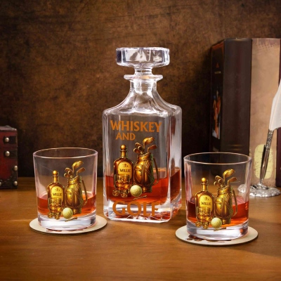 Personalized Name Golf Whiskey Decanter Set, Glass Whiskey Decanter, Coaster/Glass/Bottle/Decanter, Party Favors, Gift for Golf Lovers/Whiskey Lovers