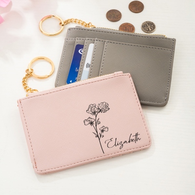 Personalized Birth Flower Zipped Card Holder with Name, Monogram Vegan Leather Coin Purse, Women's Wallet, Mother's Day/Bridesmaid Gift for Women