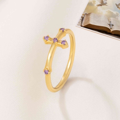 Personalized Birthstones Cross Ring, Sterling Silver 925 Religious Faith Jewelry, Birthday/Christmas/Christening Gift for Mom/Grandma/Women/Girls