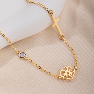 Personalized Birth Flower & Birthstone Cross Necklace, Sterling Silver 925 Faith Jewelry, Birthday/Christmas/Christening Gift for Christian Women