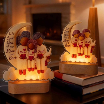 Personalized Cartoon Character Family Moon Heart Acrylic LED Night Light with Name and Wooden Base, Room Decor, Birthday Gift for Family/Mom/Dad
