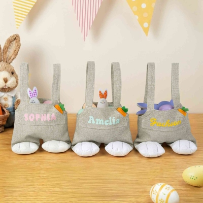 Personalized Easter Bunny Shaped Tote Bag with Name, Linen Vintage Bunny Overall Bag, Eggs Hunt Bag, Easter Basket, Easter Gift for Kids/Boys/Girls