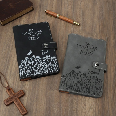 Custom Name He Vestores My Soul Floral Loose-Leaf Binder Notebook, A5/A6 Leather Prayer Journal with with Magnetic Closure, Christian Gift for Women