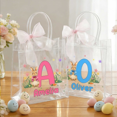 Custom Name & Initial Easter Bunny Gift Bag with Pink Bow Ribbon, Clear PVC Easter Egg Hunt Bag, Easter Party Favor, Easter Gift for Kids/Boys/Girls
