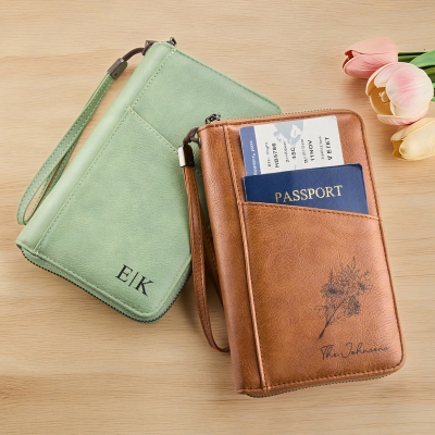 Personalized Name Birth Flower Multicolor PU Leather Passport Holder Wallet with Wrist Strap, Travel Accessories, Birthday Gift for Family/Friends