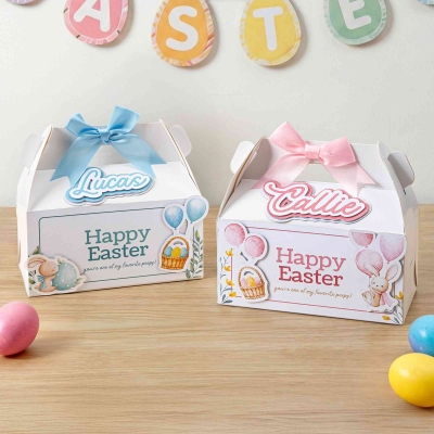 Personalized Name Happy Easter Cute Bunny Bow Gift Box with Handle, Easter Treat Box, Easter Party Favor, Easter Gift for Kids/Boys/Girls