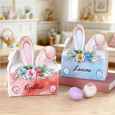 Personalized Name Cute Floral Bunny Ears Gift Box with Handle, Easter Treat Box, Easter Party Favor, Easter Gift for Kids/Boys/Girls