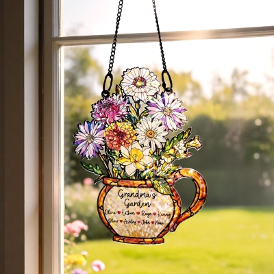 Custom Names & Birth Flowers Grandma's Garden Suncatcher, Stained Glass Family Window Hanging, Home Decor, Birthday/Mother's Day Gift for Mom/Grandma