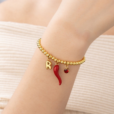 Custom Cornicello Lucky Horn Charm Bracelet with Birthstone & Initial, Bubble Letter Chili Pepper Pendant Bracelet, Birthday Gift for Italian Women