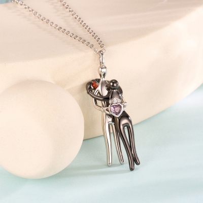 Personalized Couple’s Embrace Necklace with Birthstones, Sterling Silver 925 Dainty Jewelry, Anniversary/Valentine’s Day Gift for Her/Him/Wife/Husband