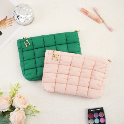 Personalized Quilted Makeup Bag with Initial Zipper, Large Capacity Travel Toiletry Pouch, Birthday/Wedding Gift for Women/Girls/Bridesmaids