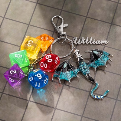 Personalized LGBTQ+ Pride Soaring Dragon Dice Keychain with Rainbow Dice Pendant, Custom Name Bag Charm & Pride Gift for Dragon Lovers