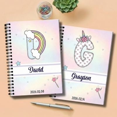 Personalized Rainbow Fantasy Unicorn Alphabet Notebook with Name & Date, Softcover A5 Spiral Notebook, Birthday/Back to School Gift for Kids/Students