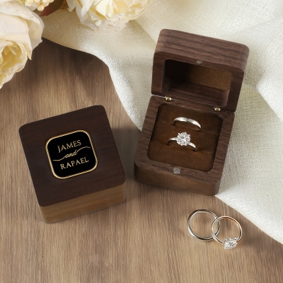 Personalized Black & Gold Plaque Design Ring Box with Name/Initials, Wooden Ring Holder for 2 Rings, Anniversary/Wedding Gift for Couple/Newlyweds