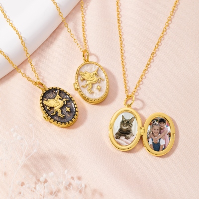 Personalized 1-2 Photos Winged Unicorn Enamel Locket Necklace, Dainty Mythical Pegasus Jewelry with Engraved Text, Birthday Gift for Girls/Family/Her