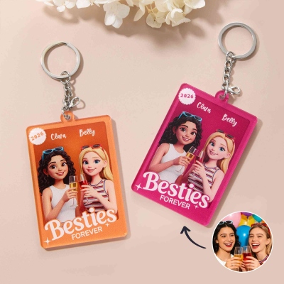 Custom Names & Photo Character Besties Forever Keychain, Cartoon Portrait Keyring, Friendship Commemorative Ornament, Gift for Besties/Sisters/Friends