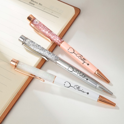 Custom Name Stethoscope Design Glitter Gel Pens (Set of 2), Bling Dynamic Quicksand Ballpoint Pens, Graduation/Birthday Gifts for Nurses/Doctors