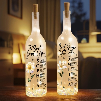 Personalized Name Birth Flower God Says I Am Scripture Wine Bottle Night Light, Bottle Lamp with LED Lights, Birthday/Mother’s Day Gift for Mom/Women