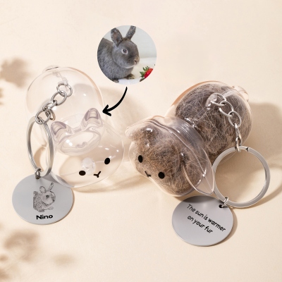 Personalized Clear Rabbit Shape Keychain with Portrait & Name Tag, Bunny Hair Storage Keyring, Rabbit Fur Keepsake, Memorial Gift for Rabbit Lovers