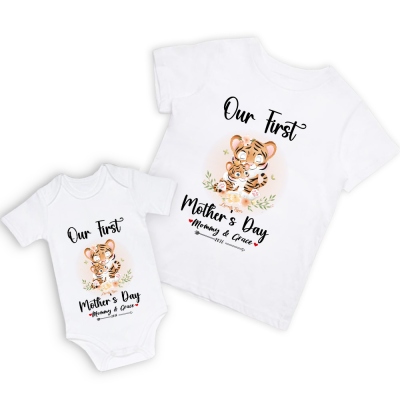 Custom Cute Tiger Our First Mother's Day Mom & Baby Matching Set with Name Year, 100% Cotton T-Shirt Bodysuit Set, Mother's Day Gift for New Mom/Baby