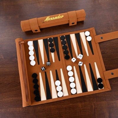 Personalized Leather Backgammon Set with Name, Vintage Travel Portable Roll-Up Board, Game Night Accessories, Birthday Gift for Chess Lovers/Groomsmen