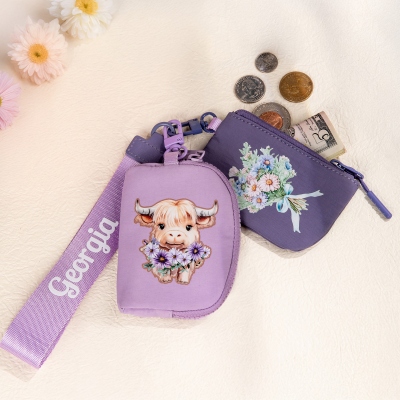 Custom Name Birth Flower Highland Cow Wristlet Wallet with Dual Pouch, Multi-functional Wrist Bag, Small Coin Purse Card Holder, Gift for Women/Girls