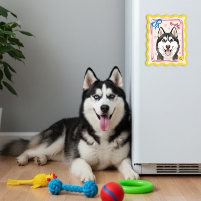 Personlig akvarell husdjursporträtt tecknad kylskåpsmagnet med namn, söt katt/hund fotorammagnet, heminredning, födelsedagspresent för husdjursägare/älskare