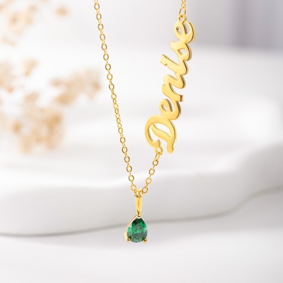 Personalized Teardrop Birthstone Necklace with Sideways Name, Sterling Silver 925 Dainty Jewelry, Birthday/Anniversary/Mother’s Day Gift for Women