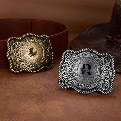 Personalized Engraved Western Style Belt Buckle with Monogram/Logo, Birthday/Father's Day/Wedding Gift for Him/Her/Cowboys/Groomsmen