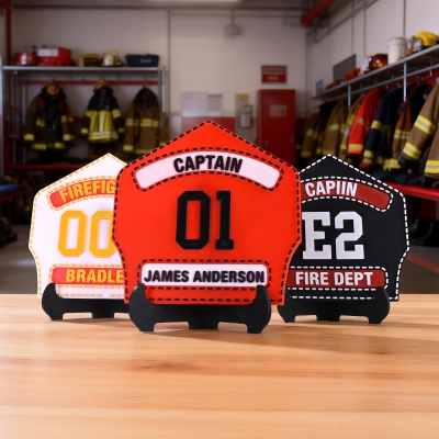 Personalisierter Feuerwehrhelm-Schild mit Namen und Nummer, 3D-gedruckt, inklusive Ständer, Tischdekoration, Geschenk zum Vatertag/Ruhestand/Geburtstag für Feuerwehrleute