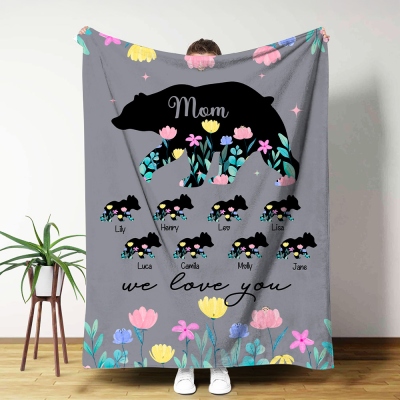 Personalized Floral Mama Bear & Cubs Blanket with Names, Flannel/Sherpa Throw for Bed Couch, Home Decor, Birthday/Mother’s Day Gift for Mom/Grandma