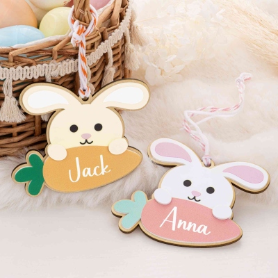 Personalized Easter Bunny with Carrot Ornament with Name, Wooden Easter Basket Tag, Easter Egg Hunt Label, Easter Gift for Kids/Boys/Girls
