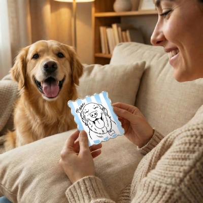 Anpassad randig kylskåpsmagnet med namn och husdjursporträtt, handritad hund-/kattfotomagnet med linjekonst, heminredning, födelsedagspresent till husdjursägare/hundmamma/familj