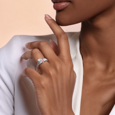 Engraved Double Heart Birthstone Ring Sterling Silver