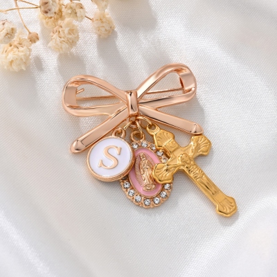 Personalized Bow Cross Virgin Mary Charm with Initial/Birthstone, Catholic Protection Brooch Pin, Birthday/Baptism Gift for Newborns/Family/Friends