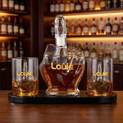 Personalized Name Middle Finger Decanter & Whiskey Glasses, Whiskey Decanter Set, Bachelor Party Favors, Funny Gag/Birthday/Anniversary Gift for Men