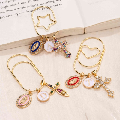 Custom Catholic Cross Paper Clip with Initial Charm, Our Lady of Guadalupe Bookmark, Reading Accessory, Birthday/Baptism Gift for Family/Friends/Her