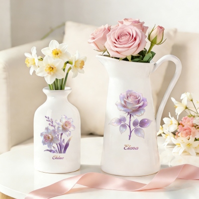 Personalized Watercolor Birth Flower Vase with Name, Floral Ceramic Mug Vase, Home Decor, Birthday/Anniversary/Mother's Day Gift for Her/Mom/Grandma