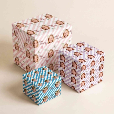 Personalized Name & Face Photo Diagonal Stripes Birthday Wrapping Paper, A3/A2/Standard Gift Wrap, Birthday Gift for Kids/Family/Friends