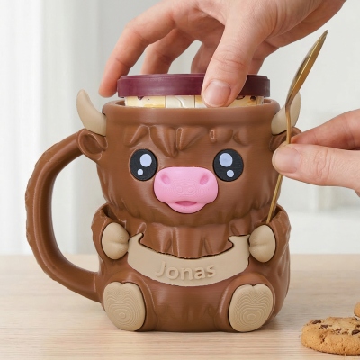 Personalized Name 3D Printed Highland Cow Ice Cream Pint Holder with Hidden Dice Drawer, Multicolor Snack Bowl, Birthday Gift for Highland Cow Lovers