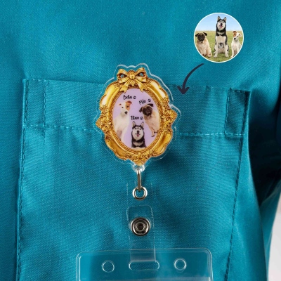 Custom Pet Photos & Names Gold Bow Retro Frame Badge Reel, Pet Portraits ID Badge Clip, Appreciation/Birthday Gift for Pet Lovers/Nurses/Teachers