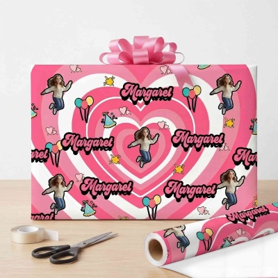 Personalized Name & Full Body Photo Cartoon Character Wrapping Paper, A3/A2/Standard Gift Wrap with Heart Pattern, Gift for Family/Kids/Friends