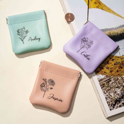 Personalized Birth Flower Leather Rosary Pouch with Name, Squeeze Coin Purse, Birthday/Baptism/Christian Gift for Her/Mom/Grandma/Women