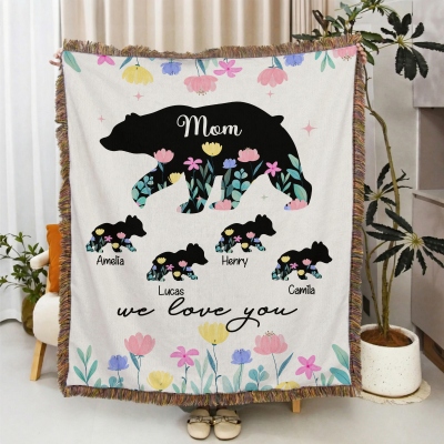 Personalized Names Floral Mama Bear & Cubs Blanket with Tassels, Flannel Bed Couch Throw, Home Decor, Birthday/Mother’s Day Gift for Mom/Grandma