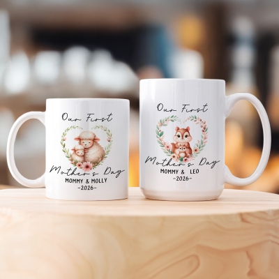 Custom Names Floral Heart Animal Mama & Baby First Mother’s Day Mug, 11oz/15oz Two Tone Ceramic Coffee Mug with Coaster, Mother’s Day Gift for New Mom